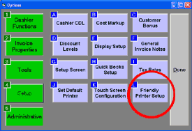 Menu screen with Friendly printer setup selected