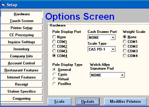 Option Screen for POS software