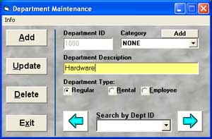 Photo of Department Maintenance screen that lets you add a department in Cash Register Express