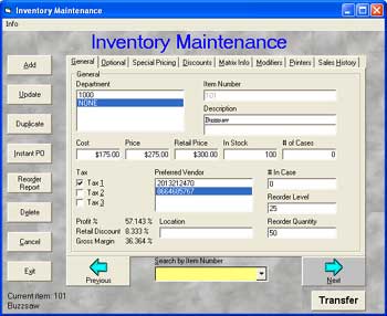 Photo of Inventory Maintenance screen that lets modify your inventory in Cash Register Express