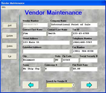 Photo of Vendoir Maintenance screen that lets you add a vendor in Cash Register Express